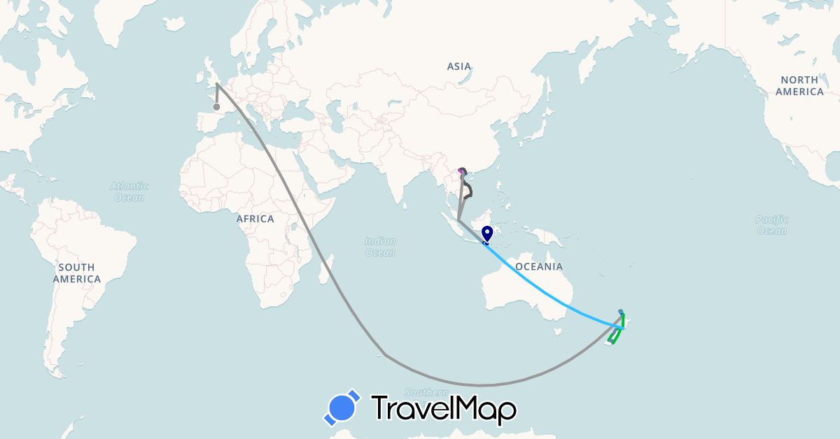 TravelMap itinerary: driving, bus, plane, cycling, train, boat, motorbike in France, United Kingdom, Indonesia, New Zealand, Singapore, Vietnam (Asia, Europe, Oceania)